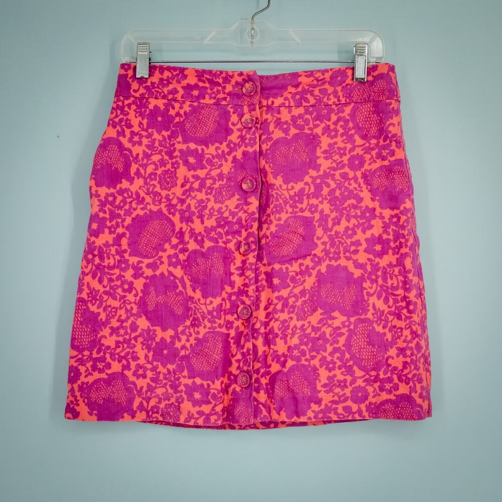 Boden Size 4 R Sarah Pink Floral Print Button Front Down A Line Linen Skirt NEW